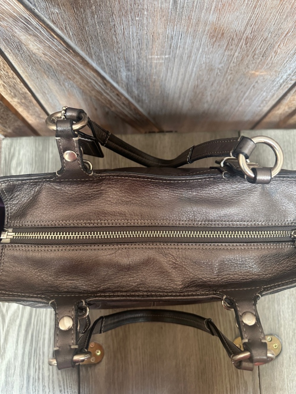 Coach F1049-F15242 Metallic Gray Gunmetal Embossed Leather Satchel Tote Bag - Picture 10 of 16